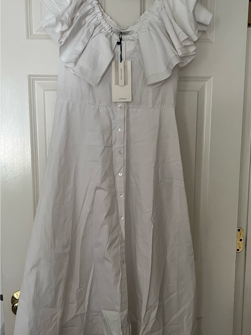 Uterqüe White Ruffle-Trim Button-Front Maxi Dress